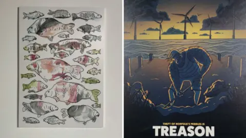 BBC Headlines about an angler banned from fishing for being too good, and the theft of beach pebbles inspired other artwork