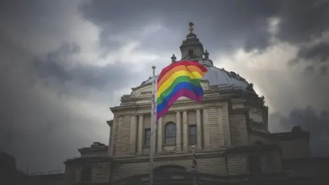Getty Images The Methodist Central Hall in Central London with the Rainbow flag