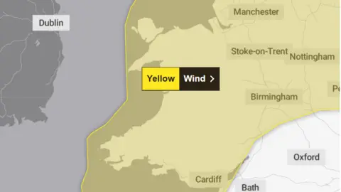 Met Office weather map showing wind warning