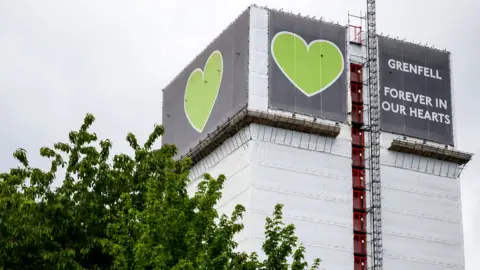 Getty Images File image of Grenfell Tower covered with a white tarpaulin and the 'Grenfell: Forever in our hearts' signage