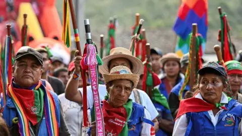 AFP Indigenous guards attend a meeting in the municipality of Toribio on October 11, 2019