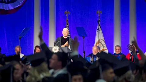 Karen Pence / Twitter Mike Pence stands at the podium at Hillsdale College