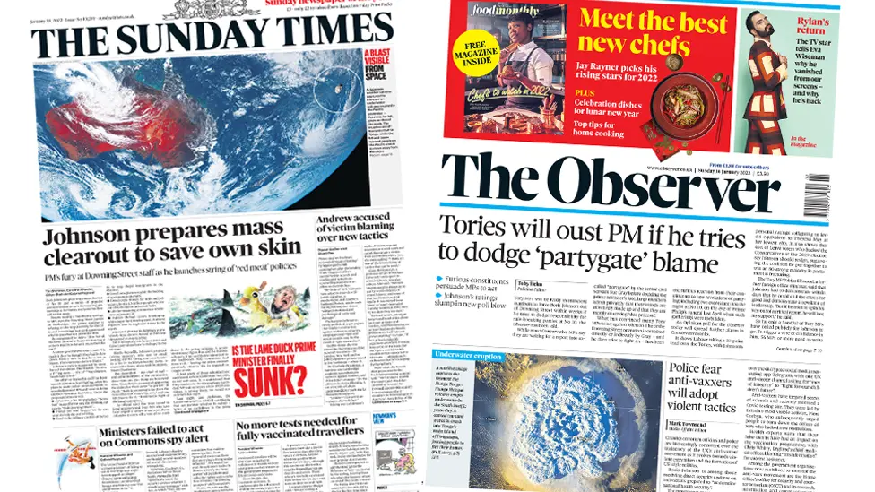 The Sunday Times and the Observer front page 16 January 2022