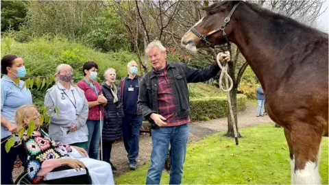 BBC Martin Clunes holding the reins of a large brown horse surrounded by patients and staff