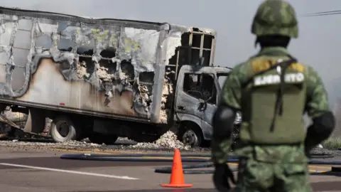 Reuters A soldier keeps watch near the wreckage of a burnt vehicle set on fire by members of a drug gang as a barricade, following the detention by Mexican authorities of drug gang leader Ovidio Guzman in Culiacan, a son of incarcerated kingpin Joaquin "El Chapo" Guzman, in Mazatlan, Mexico, January 5, 2023.