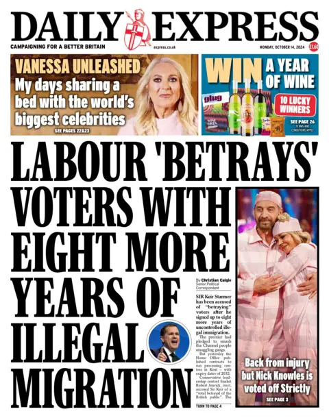 A manchete do Daily Express diz: "Trabalhistas ‘traem’ eleitores com mais oito anos de migração ilegal". 