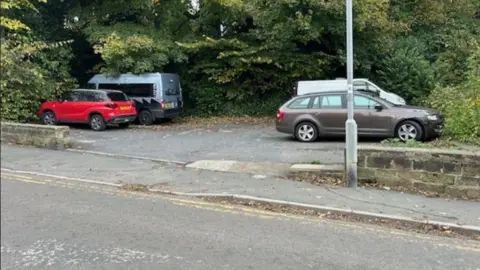 LDRS Two cars, one white van and one blue camper van parked in a small car park surrounded by green trees and bushes