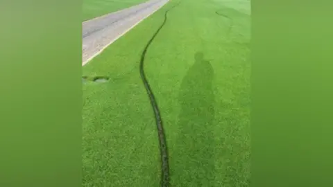 A deep line running across a tennis lawn.