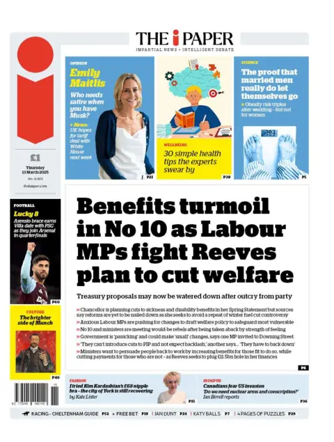 The headline on the front of the i reads: "Benefits turmoil in No 10 as Labour MPs fight Reeves plan to cut welfare"