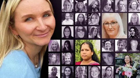 Composite image of some of the women killed by men in 2025, including Isobella Knight on the left, and colour photos of three other women