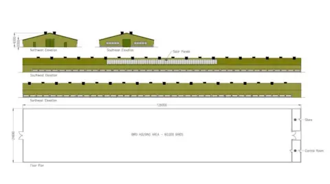 Harrison Pick Ltd A proposed elevation plan of one of the chicken sheds, which is a long shed coloured olive green.
