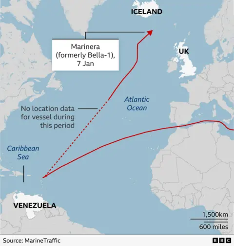 A map showing the location in the North Atlantic where the Marinera tanker was seized