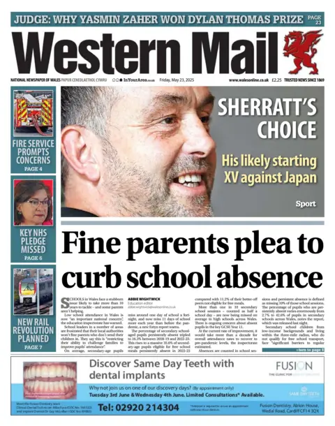 Western Mail Western Mail newspaper front page shows main headline: Fine parents plea to curb school absence. Other headlines on the front page are: Sherratt's choice, his likely starting XV against Japan