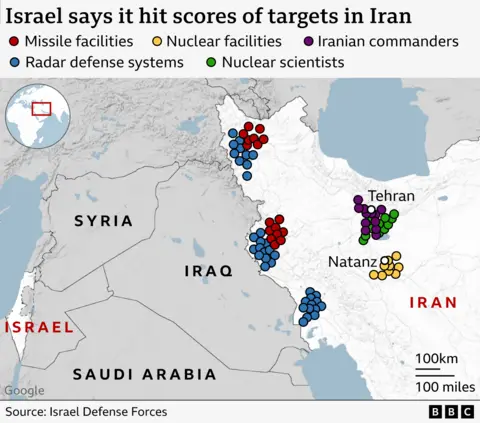 Map showing sites the Israeli military says it hit, including missile facilities, nuclear facilities, and radar defence systems