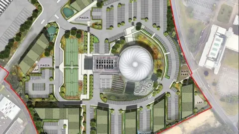 Seven Capital Plan of the new proposals for Oasis Leisure Centre which shows the round dome and the multi-use sports pitches.