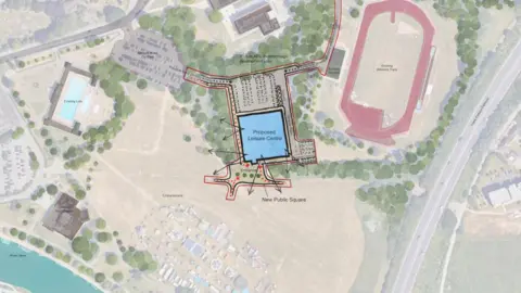 Peterborough City Council An aerial shot of a map of the location of the pool on the Peterborough Embankment. Overlaid on the map are drawings in the middle showing a blue square with "proposed leisure centre" typed across it, and around it are drawings that say entrance, temporary car park, etc. 