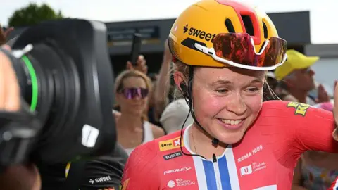 Sigird Haugset celebrates winning stage three of the Tour de France Femmes