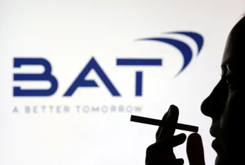 Silhouette of a person holding a cigarette in front of a dark blue BAT logo on a white background