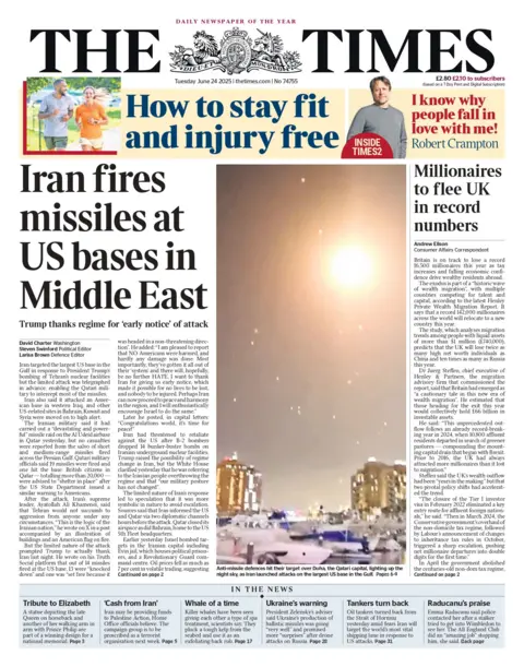 "Iran fires missiles at US bases in Middle East" reads the headline on the front page of The Times.