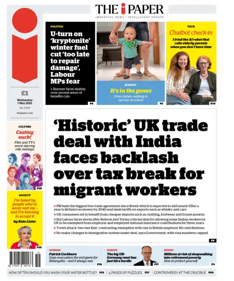 The headline on the front page of the i Newspaper reads: "'Historic' UK trade deal with India faces backlash over tax break for migrant workers"