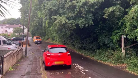 A car and a van parked on a residential street, in grey rainy weather. There are houses on the left, and dense green woodland on the right. A wooden footpath sign can be seen leading into the woods. 