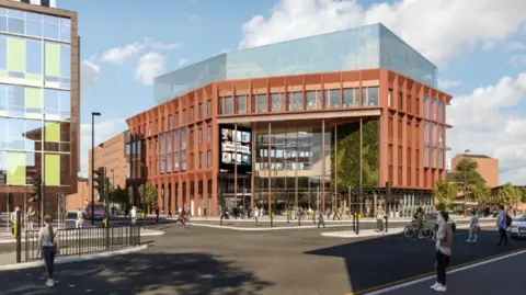 Derby City Council Large building with orange bricks on corner of busy road junction