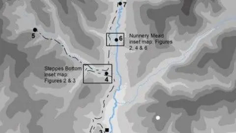 Britannia, Cambridge University Press A map shows the distance between Steppes Bottom and Nunnery Mead with the blue route of the aqueduct marked between them.