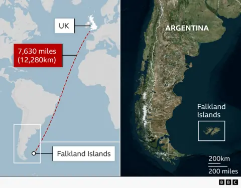 Split map showing the location of the Falkland Islands. On the left, a simplified world map highlights the UK and the Falkland Islands, connected by a red dashed line across the Atlantic Ocean. On the right, a satellite-style map of southern South America labels Argentina and marks the Falkland Islands to the east.
