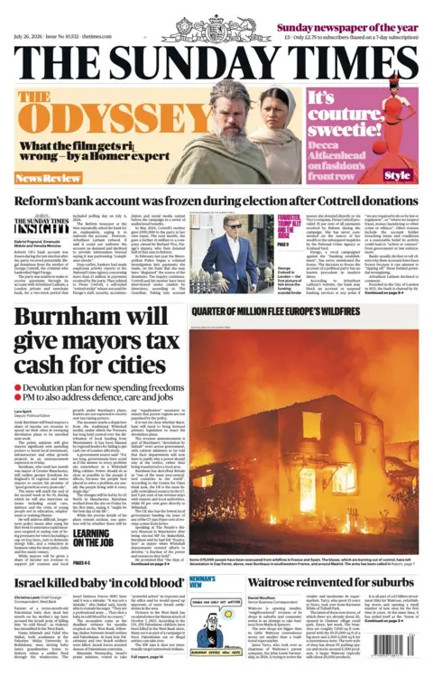 The headline on the front page of the Sunday Times reads: "Burnham will give mayors tax cash for cities."