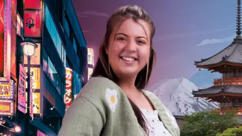 Charlotte in promotional image in front of Japanese landmarks image with Mount Fuji in snow behind her as well as a temple and neon-covered high rise buildings. She is standing sideways and smiles facing the camera in a mint green cardigan with flowers embroidered on it over a white top