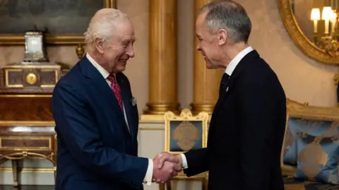 King Charles on the left shakes the hand of Mark Carney in an ornate room in Buckingham Palace.