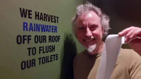 Stroud Brewery A man with wayward mid-length grey hair holds up a strip of toilet roll and smiles as he stands against a green wall, with the words "We harvest rainwater off our roof to flush our toilets" written on it in black and blue text.