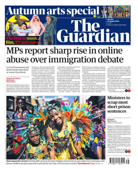 The headline on the front page of the Guardian reads: "MPs report sharp rise in online abuse over immigration debate". 