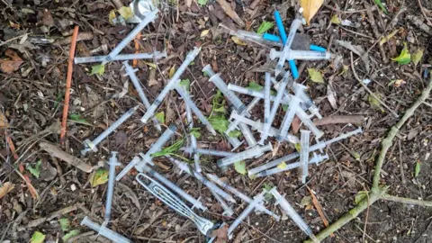 About two dozen plastic syringes - some with their needles still in - dumped on a floor of leaves, twigs and earth. 