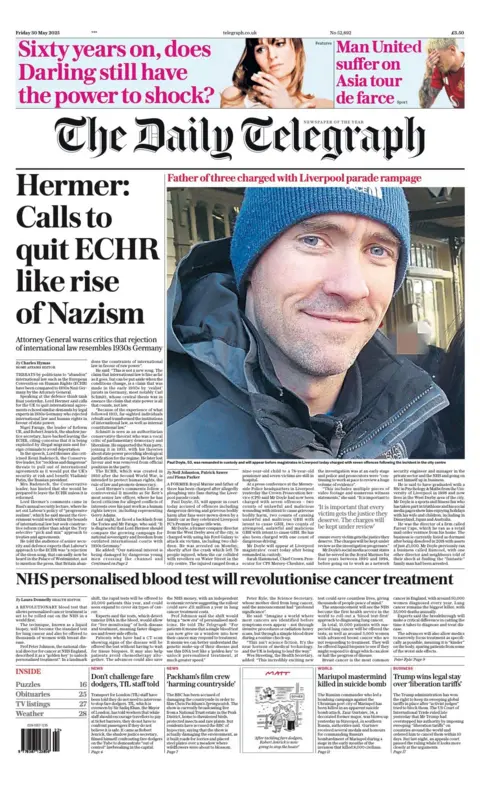 The headline on the front page of the Daily Telegraph reads: "Hermer: Calls to quite ECHR like rise of Nazism".