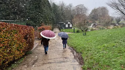 Jack Valpy/BBC People walking through Calverley Park in Tunbridge Wells holding umbrellas as snow falls around them.