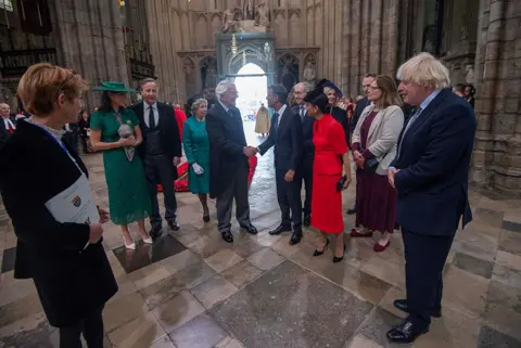 Julian Simmonds/The Telegraph/PA Media Former Conservative Party prime minister Lord David Cameron (second left) and wife Samantha (left) are seen with former prime minister Rishi Sunak (fifth right) with his wife Akshata Murty (fourth right) and former prime minister Boris Johnson (right), attending a Service of Thanksgiving at Westminster Abbey in London