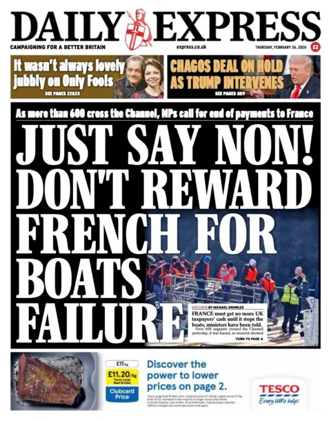 The headline on the front page of the Daily Express reads: "Just say non! Don't reward French for boats failure."