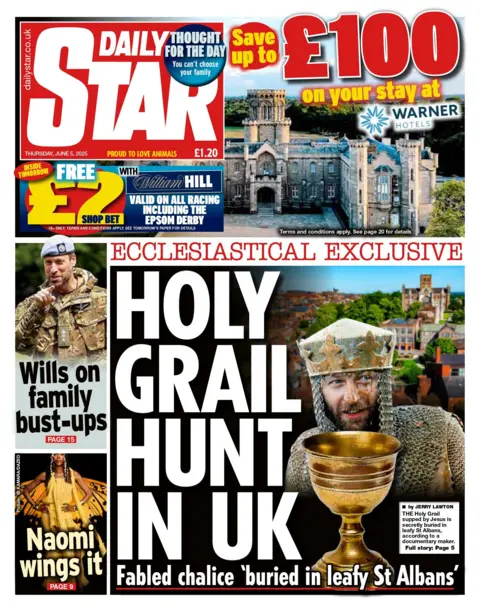 "Holy Grail hunt in UK" reads the headline on the front page of the Daily Star.