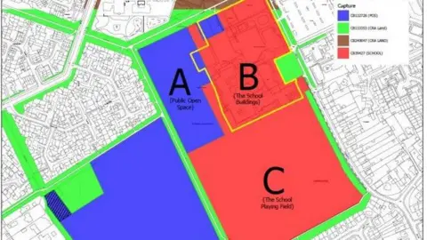 Peterborough City Council Image shows aerial map of Werrington Fields. Area labelled 'A' in blue says 'public open space', area 'B' in red is labelled 'school buildings' and area C, also in red, is labelled 'the school playing field'. Around the areas is a line drawing of surrounding buildings and roads. 