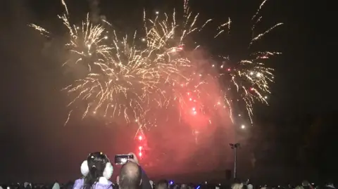 Louise Parry/BBC A night sky with fireworks scattered across - golden sparks blooming out. In the foreground a girl sits looking, wearing large white earmuffs, and a balding man is next to her holding up his camera phone