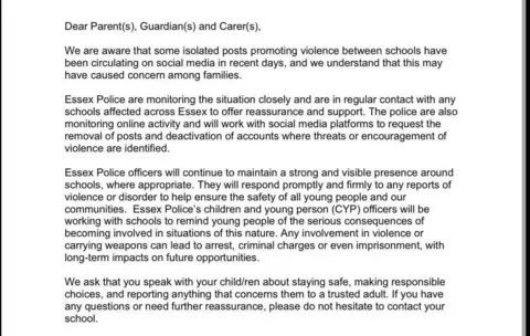 Essex Police Parents, carers and guardians were sent a letter outlining the situation. The image is a photo of that letter in black text on a white background