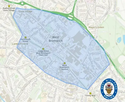 West Midlands Police A map issued by police showing an area in West Bromwich town centre impacted by a Dispersal Order. It stretches to the East from Guns Village to Trinity Way