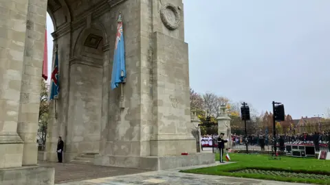 Tim Parker/BBC Remembrance service at the war memorial in Victoria Park, Leicester, on Sunday 11 November 2024