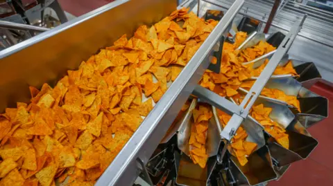 Pepsico Doritos on a factory assembly machine, they are being split into separate funnels