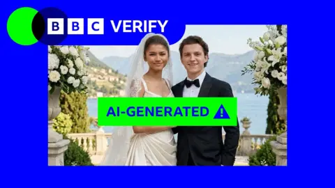 Zendaya in a wedding dress and Tom Holland in a suit, with a big red letters across the middle saying 'AI generated'