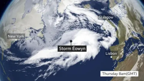 A satellite image of Storm Éowyn approaching the UK on Thursday