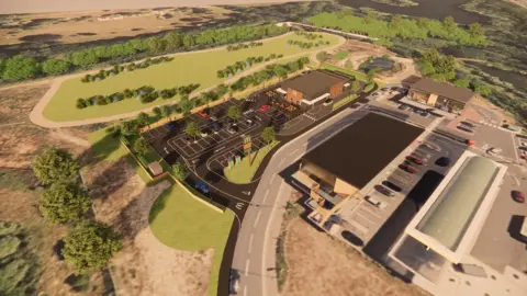 A computer-generated image of a fast-food restaurant. 