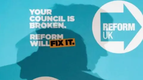 A banner for REFORM UK stating "YOUR COUNCIL IS BROKEN. REFORM WILL FIX IT"
