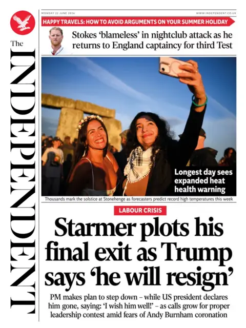 The Independent's front page headline reads 'Starmer plots his final exit as Trump says 'he will resign'